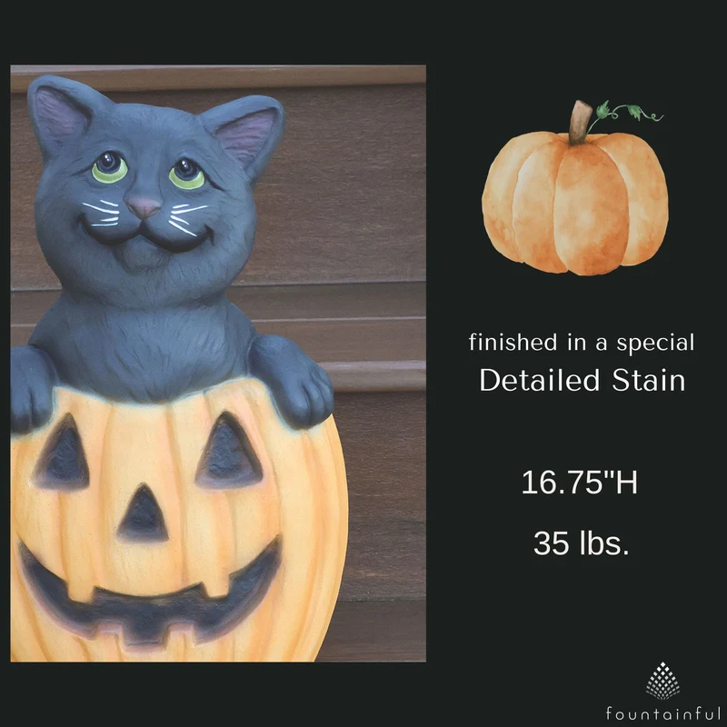 Contemporary Pumpkin & Cat Concrete Statue - Massarellis #4235