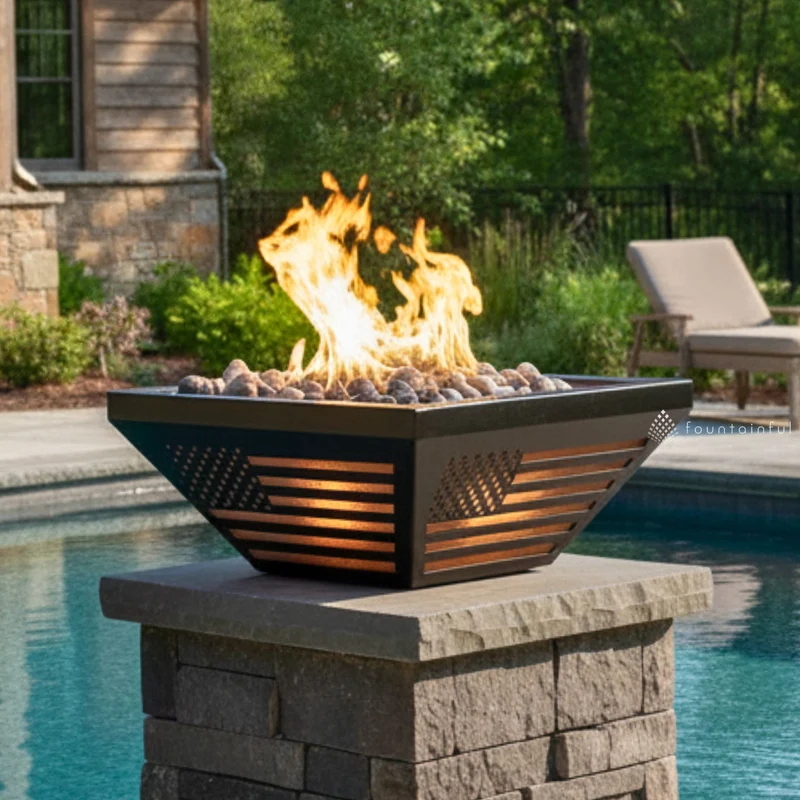 USA Flag LED Steel Gas Fire Bowl - Lighthouse Edition