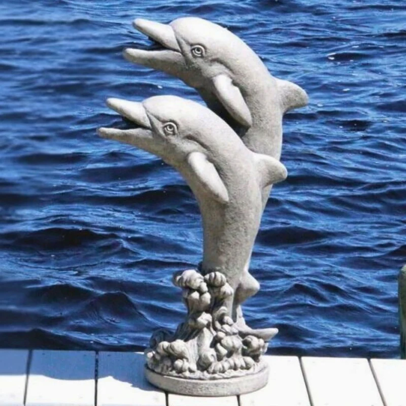 Double Dolphins Plumbed Concrete Water Statue - Massarellis #4097
