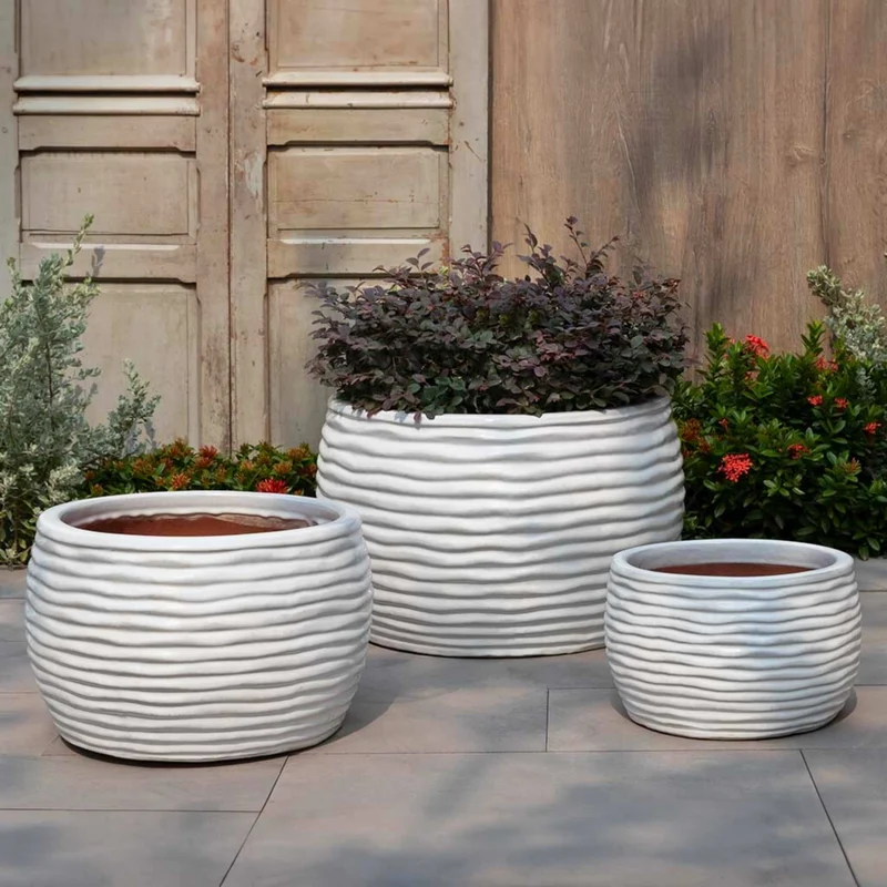 Montauk Low Set of 3 Glazed Terra Cotta Planters - Campania #7005