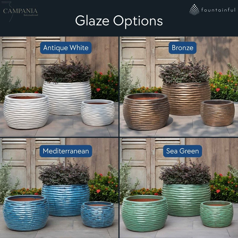 Montauk Low Set of 3 Glazed Terra Cotta Planters - Campania #7005