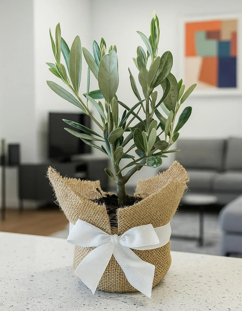 Piantina di Ulivo H20cm v10cm con juta e nastro per bomboniere CERTIFICATE