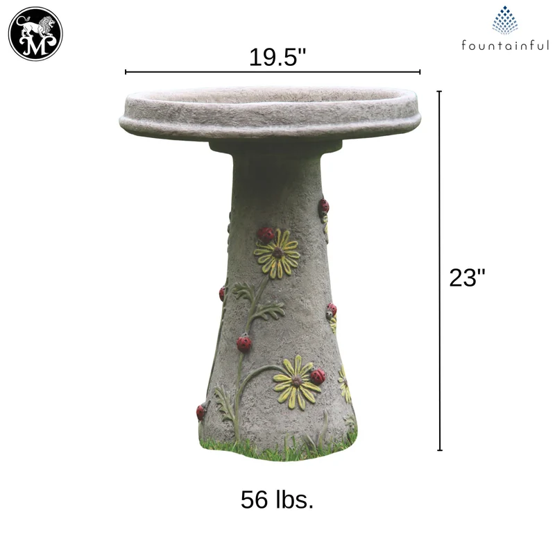 Ladybug & Flowers Concrete Bird Bath - Massarellis #9777
