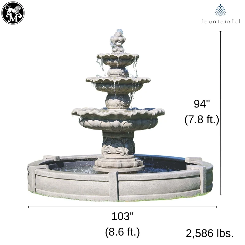Scallop 3-Tier Concrete Fountain w/Pool - Massarellis #3886