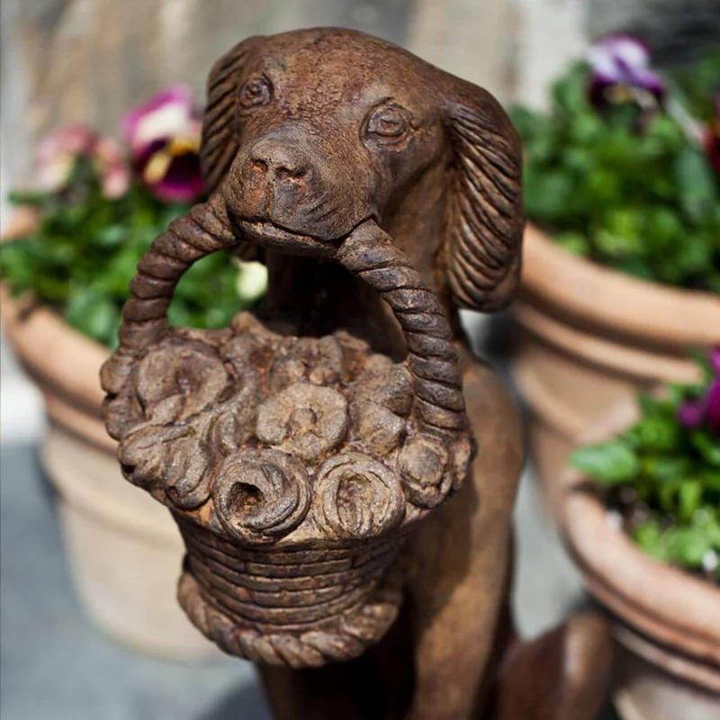 Vintage Dog with Basket Concrete Garden Statue - Campania #A060