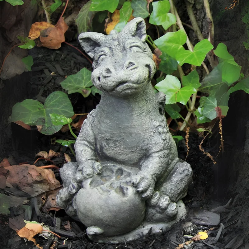 Lil Dragon "Eating Apple" Concrete Garden Statue - Massarellis #5043