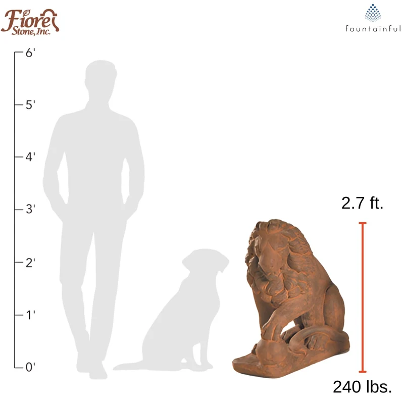 Lion with Ball Plumbed Concrete Statue - Fiore #544