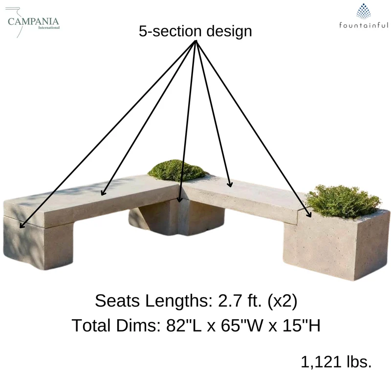 Long Concrete Memorial Bench with 2 Planters - Campania #MB002