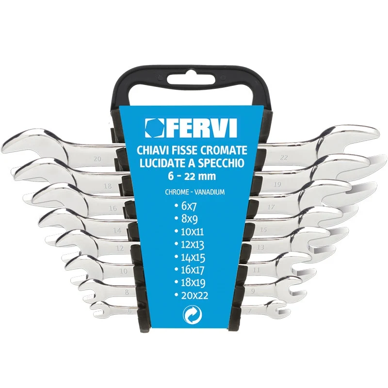 Fervi 0200 - Set di chiavi fisse cromate, lucidate a specchio