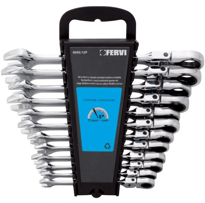 Fervi 0690/12P - Serie chiavi combinate con testa a cricchetto snodata