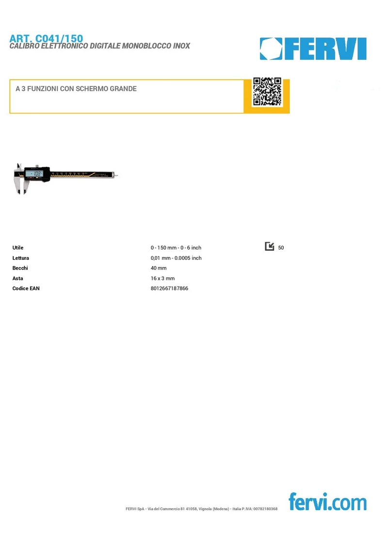 Fervi C041/150 - Calibro elettronico digitale monoblocco inox