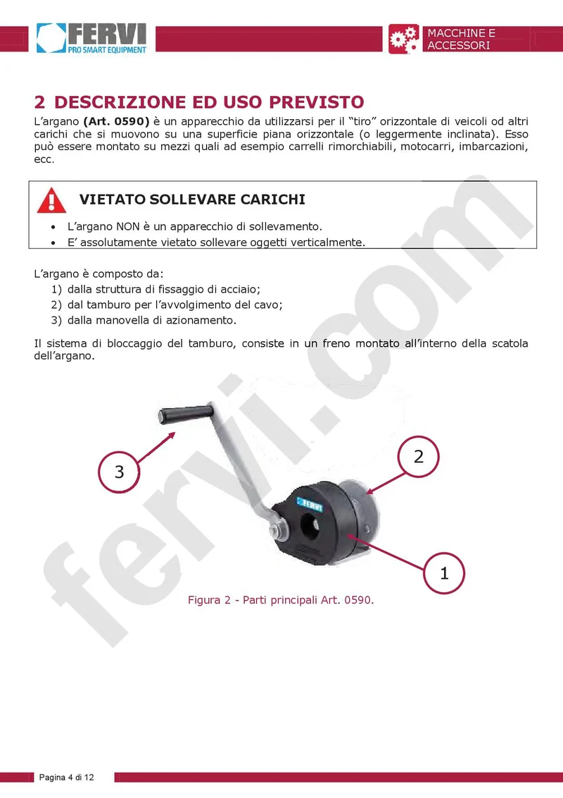 Fervi 0590 - Argano manuale con freno
