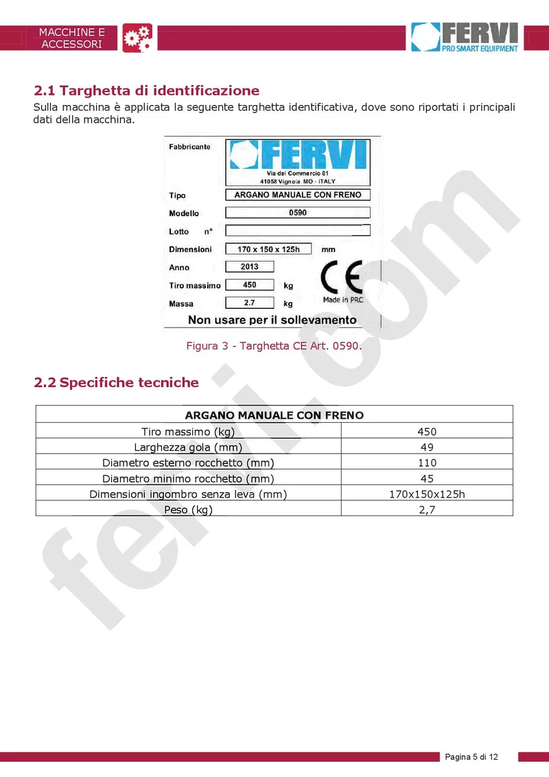 Fervi 0590 - Argano manuale con freno