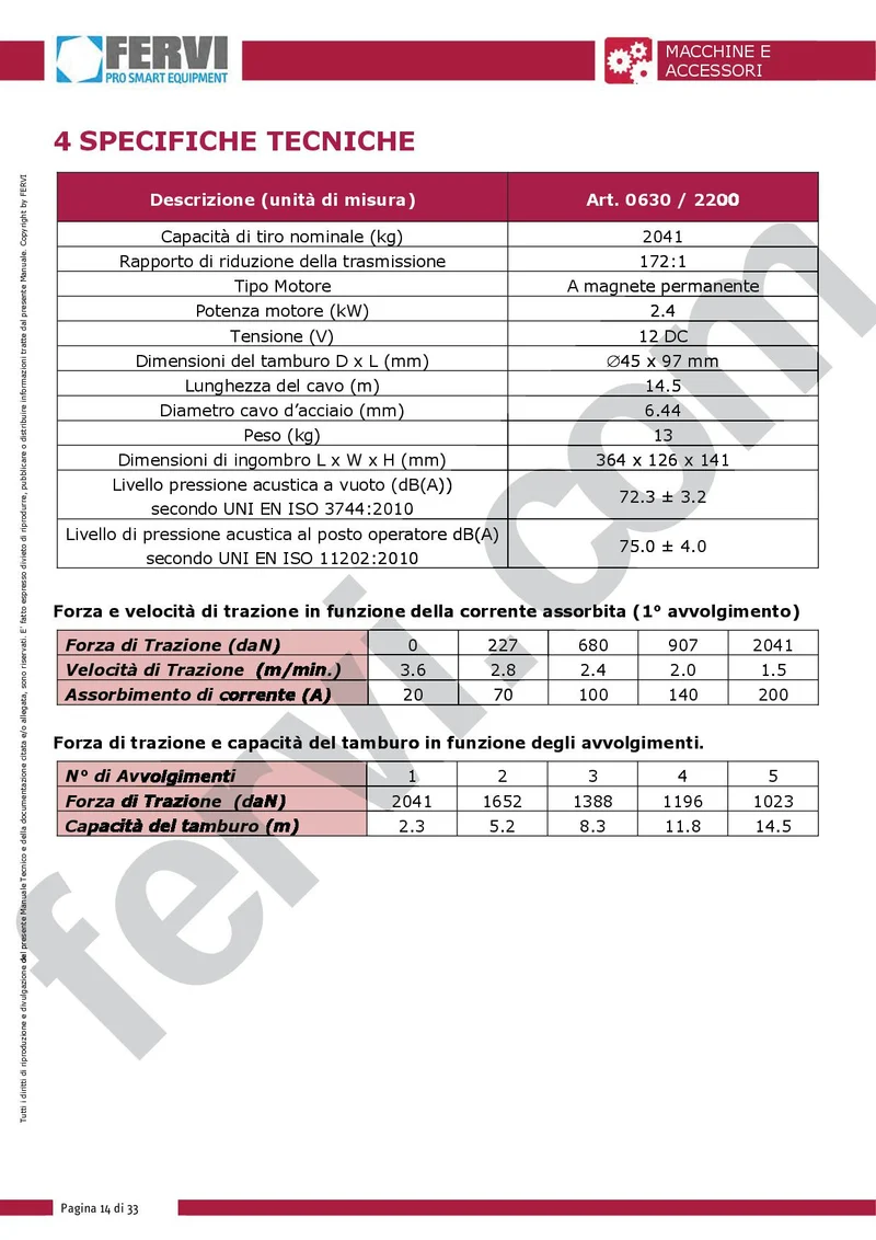 Fervi 0630/2200 - Argano elettrico a 12 v in corrente continua