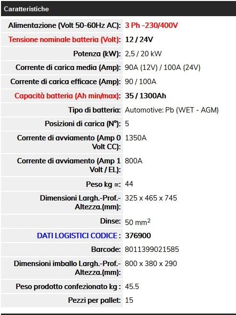 DECA 376900 CLASS BOOSTER 1350 Caricabatteria 12/24V-100A. Start Assist 1350A (230/400V3Ph)