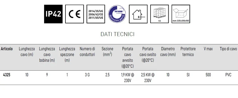 Zeca 4325 3G sezione 2,5 mm2 lunghezza 9 m portata 1,9 Kw 230V pvc