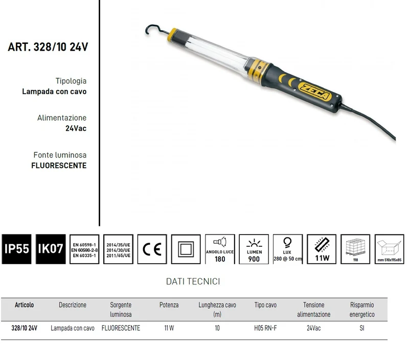 Zeca 328/10 24V lampada con cavo , 900 lumen , 11w , ip55 , ik07