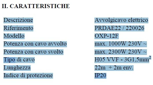 Avvolgicavo elettrico automatico 22 mt Ribimex PRDAE22
