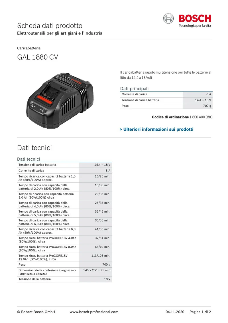 Bosch Caricabatteria rapido al litio GAL 1880 CV