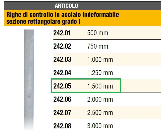 LTF 242.05 RIGA PER CONTROLLO ACCIAIO INDEFORMABILE MM.1500 , sezione rettangolare, grado I