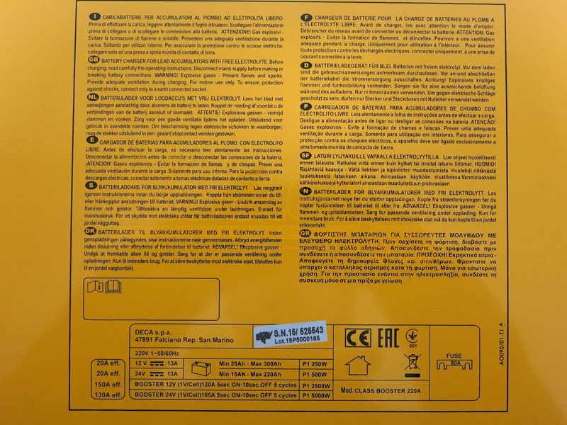Avviatore caricabatterie 12-24V - Deca CLASS BOOSTER 220A (carica 20 A - avviamento 230 A)