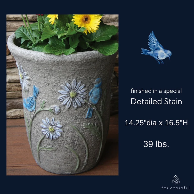 Bluebird & Flowers Concrete Planter - Massarellis #6104