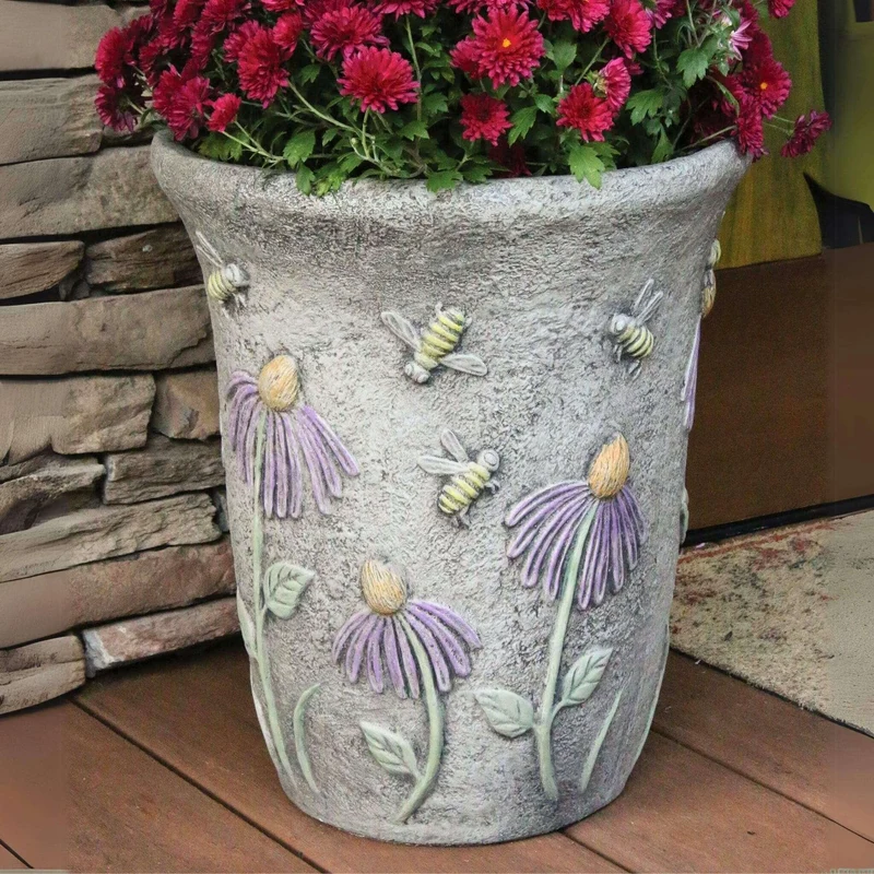 Honeybee & Flowers Concrete Planter - Massarellis #6081