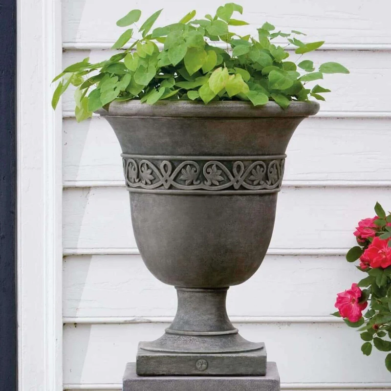 Williamsburg Strapwork Leaf Concrete Urn Planter - Campania #P457