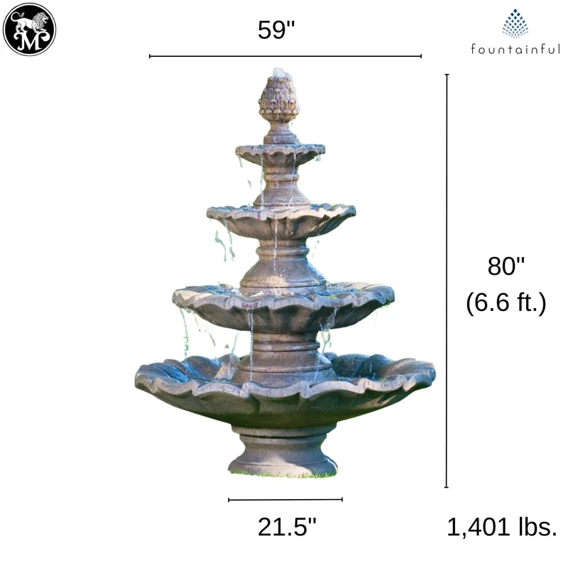 Large 4-Tier Concrete Fountain w/ Pine Cone Finial - Massarellis #3305