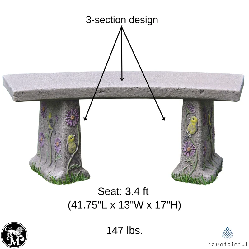 Songbird & Flowers Concrete Garden Bench - Massarellis #4167