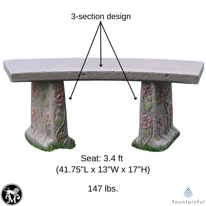 Hummingbird & Flowers Concrete Garden Bench - Massarellis #4165