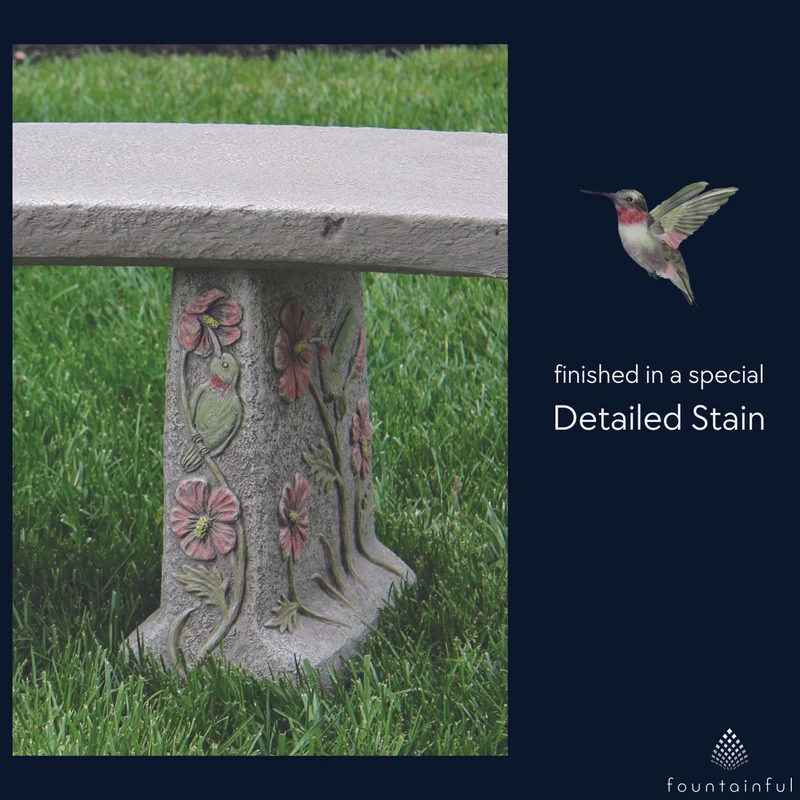Hummingbird & Flowers Concrete Garden Bench - Massarellis #4165
