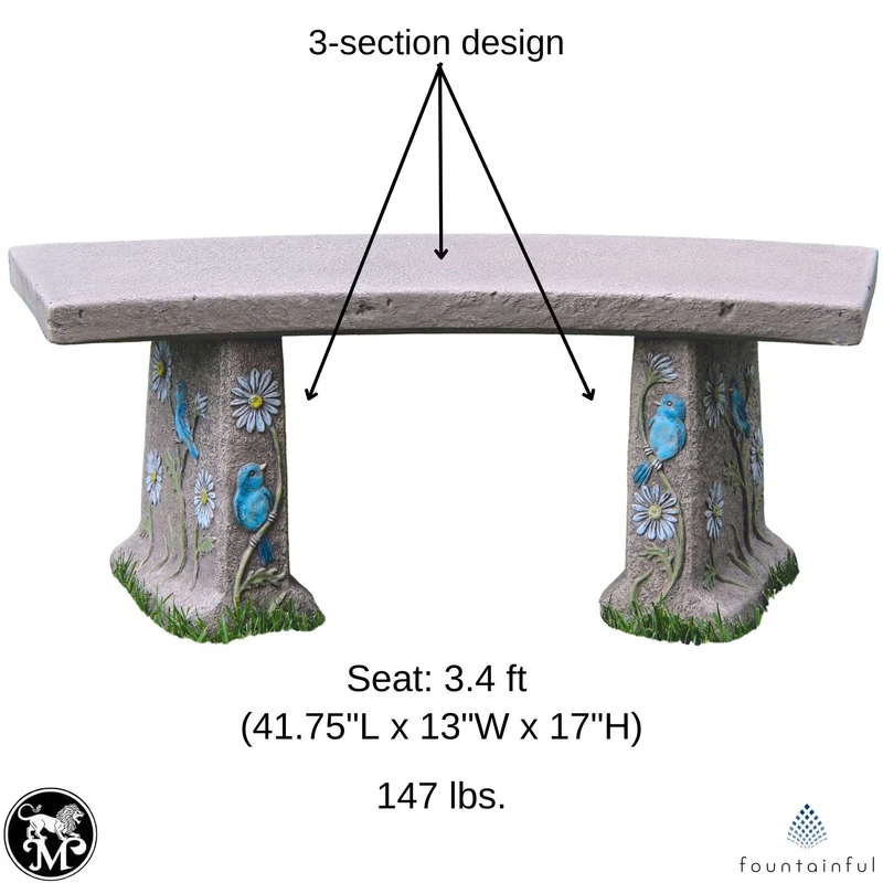 Bluebird & Flowers Concrete Garden Bench - Massarellis #4148