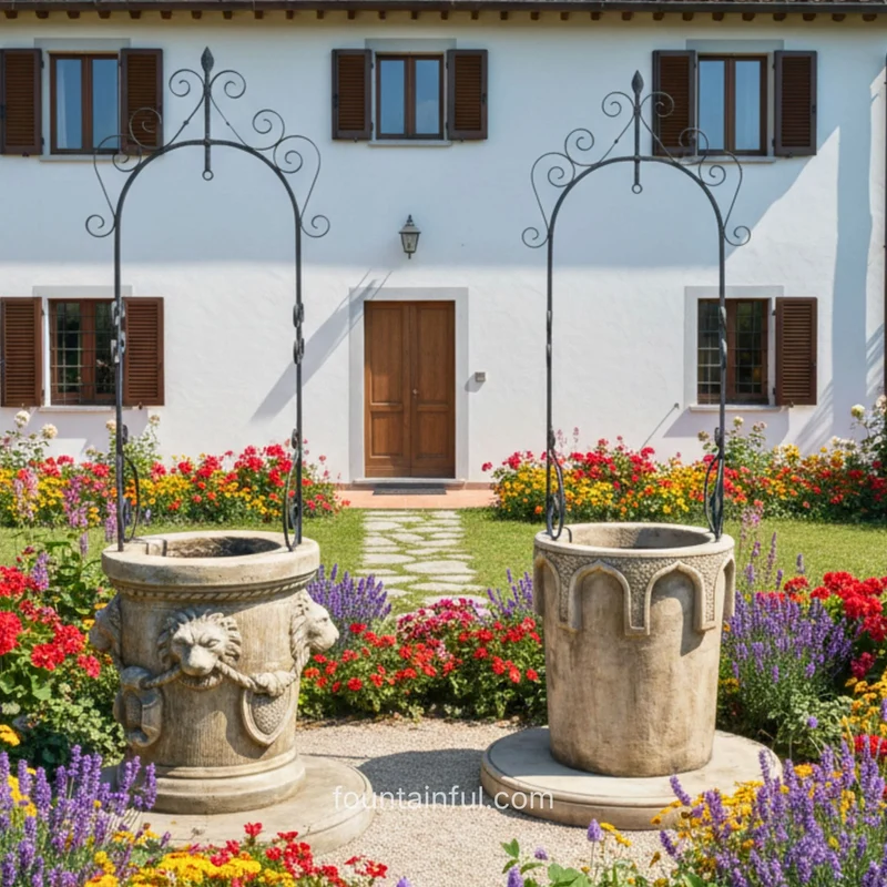 Italian Concrete Wishing Wells - De Medeci Lion and Castello - Giannini