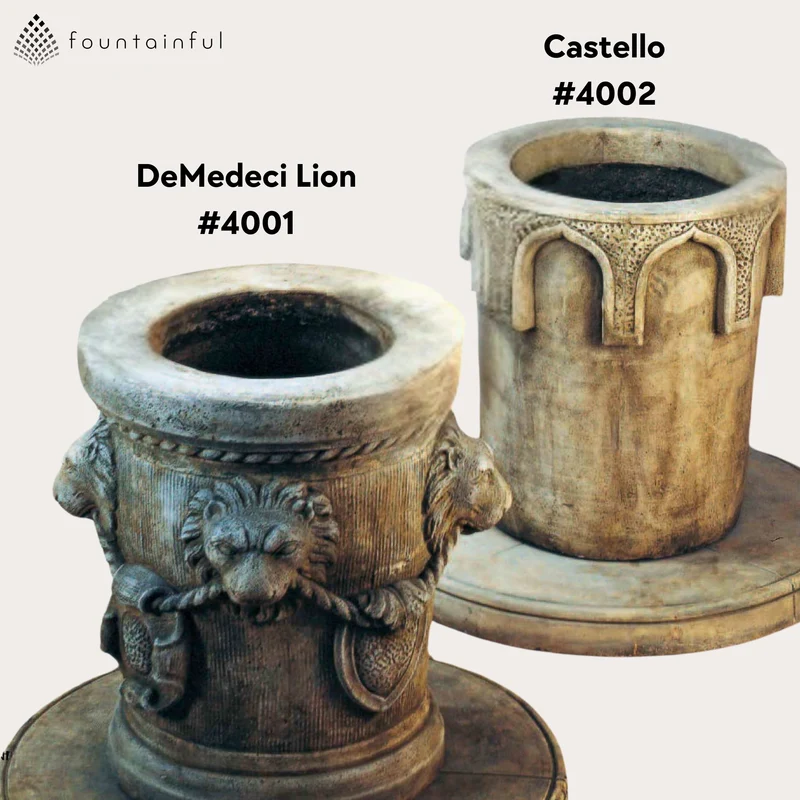 Italian Concrete Wishing Wells - De Medeci Lion and Castello - Giannini