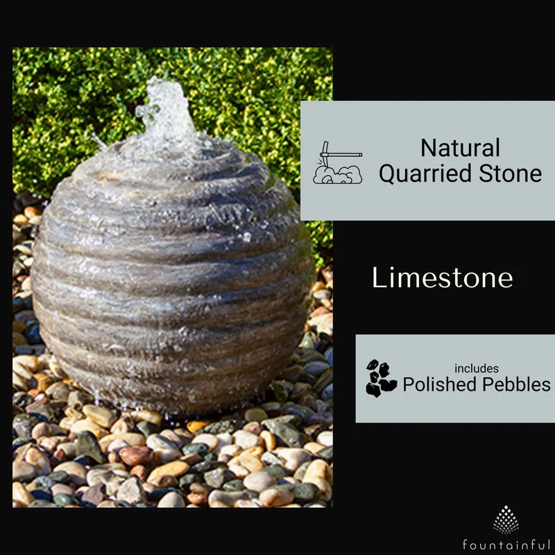 Smooth Ribbed Limestone Sphere Fountain - Complete Kit - Blue Thumb