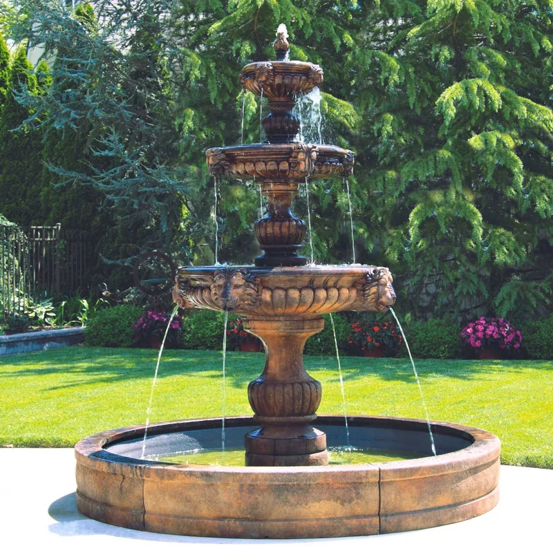 Grandessa Lion Head 3-Tier Concrete Fountain with Pool - Massarellis #3777