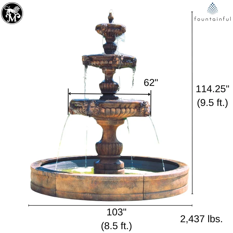 Grandessa Lion Head 3-Tier Concrete Fountain with Pool - Massarellis #3777