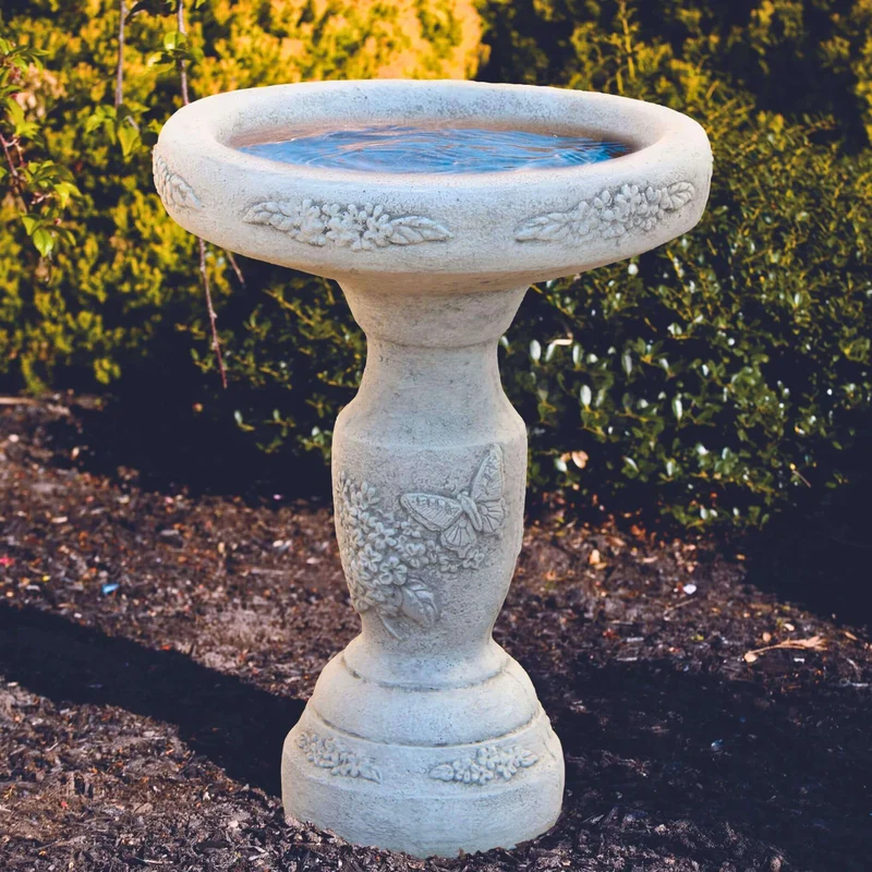 Lilac & Butterfly Concrete Bird Bath - Massarellis #9020