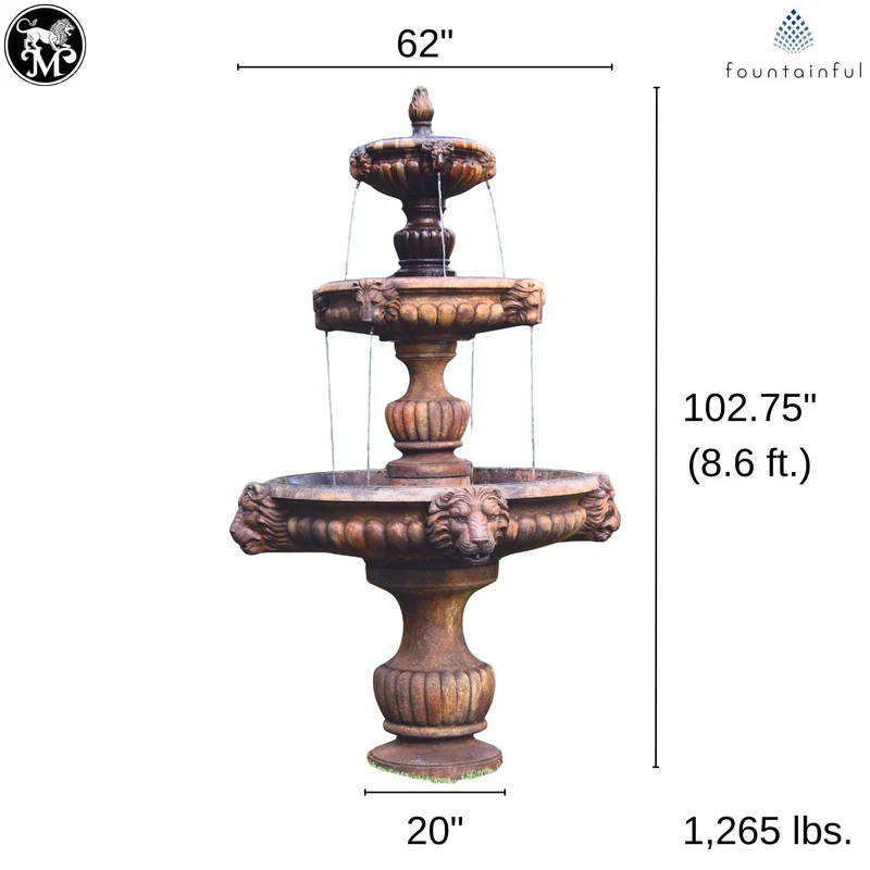 Grandessa Lion Head 3-Tier Concrete Fountain - Massarellis #3788
