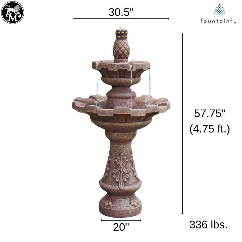 Fluted 2-Tier Concrete Fountain with Pineapple Finial - Massarellis #3850