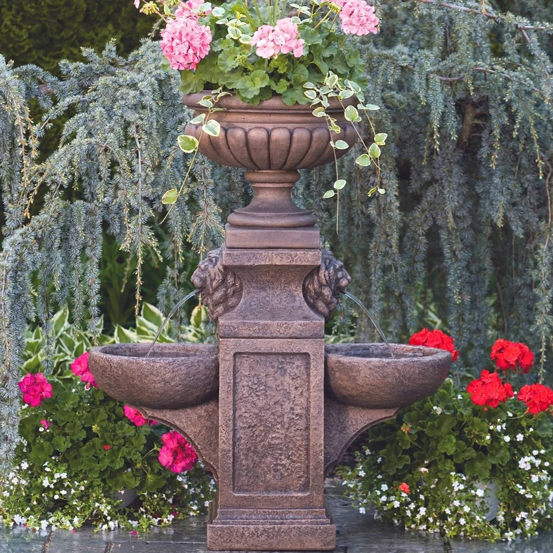 Lion Head 2-Bowl Concrete Fountain w/ Milano Planter Urn - Massarellis #3527