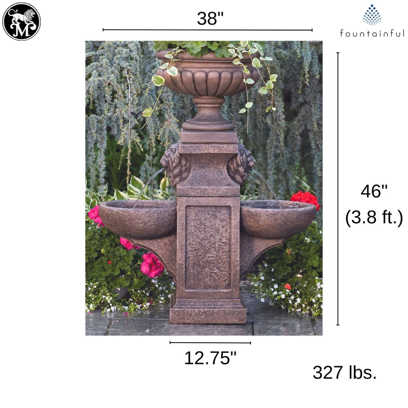 Lion Head 2-Bowl Concrete Fountain w/ Milano Planter Urn - Massarellis #3527