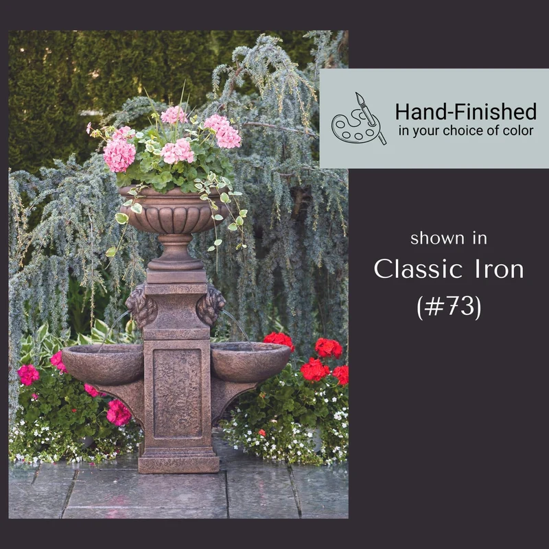 Lion Head 2-Bowl Concrete Fountain w/ Milano Planter Urn - Massarellis #3527