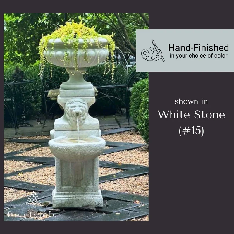 Lion Head 2-Bowl Concrete Fountain w/ Milano Planter Urn - Massarellis #3527