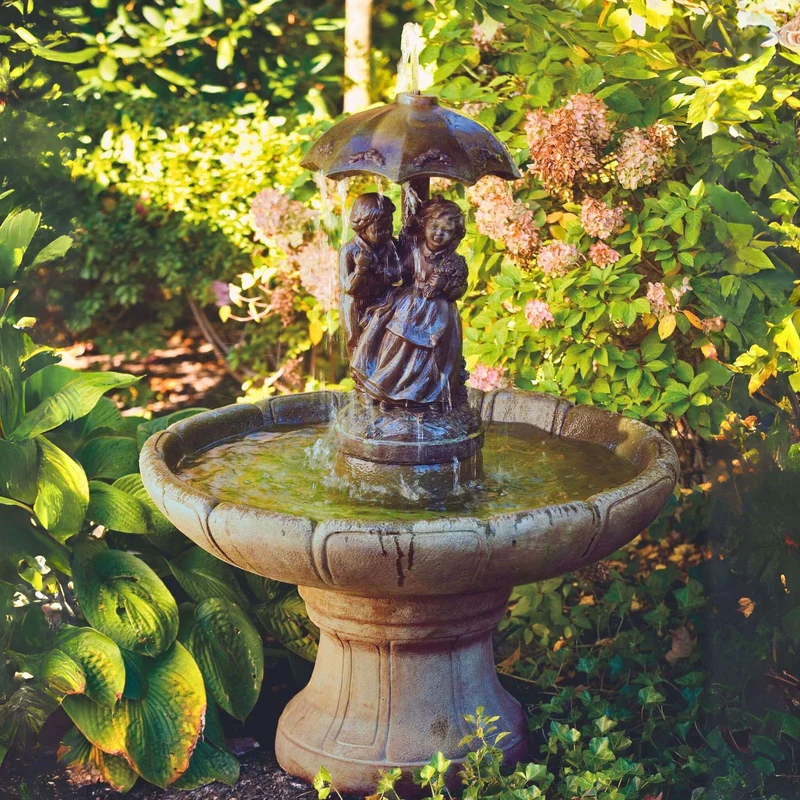 Girl & Boy Under Umbrella SMALL Concrete Fountain - Massarellis #3625