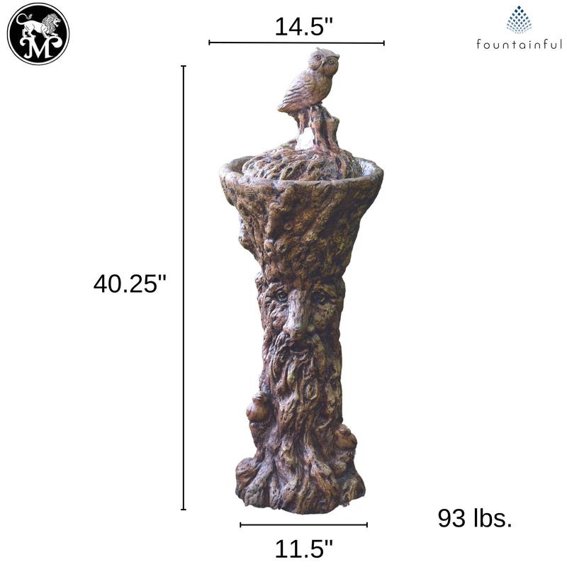 Owl Concrete Fountainette w/ Tree Man Pedestal & Lights - Massarellis #3929