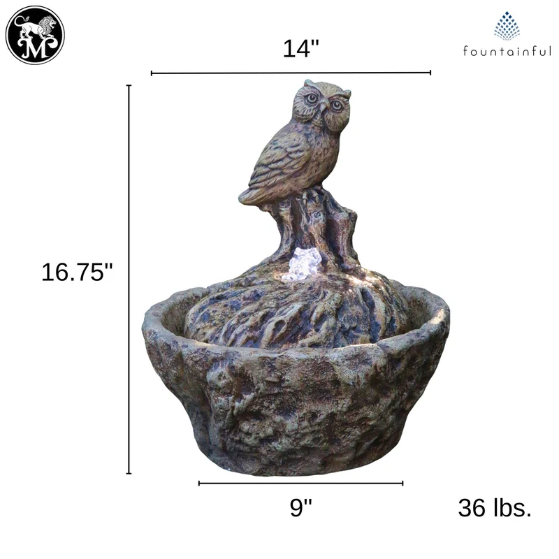 Owl Concrete Fountainette Parva w/Lights - Massarellis #3948