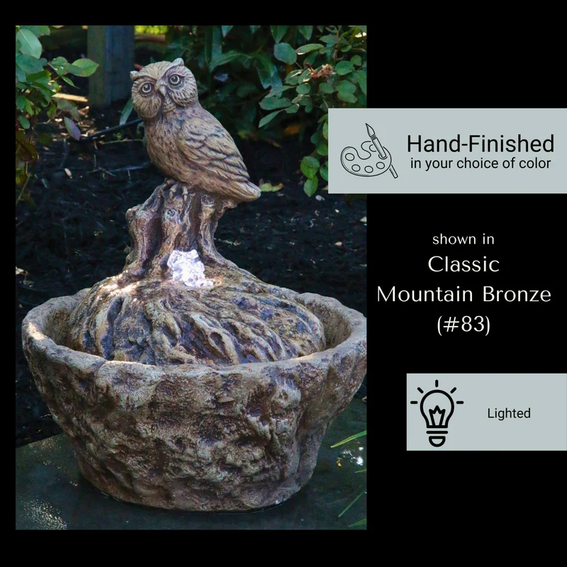 Owl Concrete Fountainette Parva w/Lights - Massarellis #3948