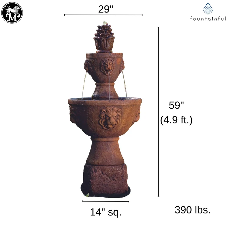 Gabriel 2-Tier Lion Head Concrete Fountain - Massarellis #3613